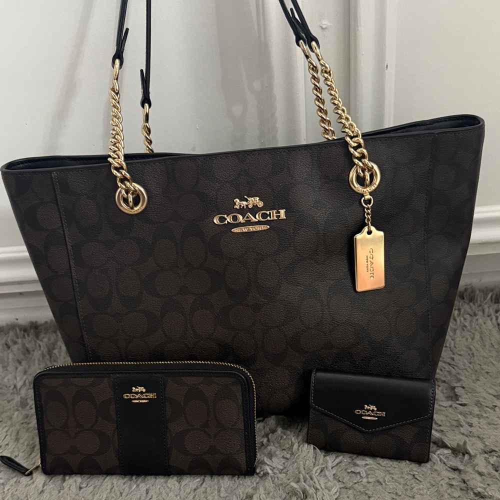 3PC Coach Signature Brown and Black Tote with Gold Accents